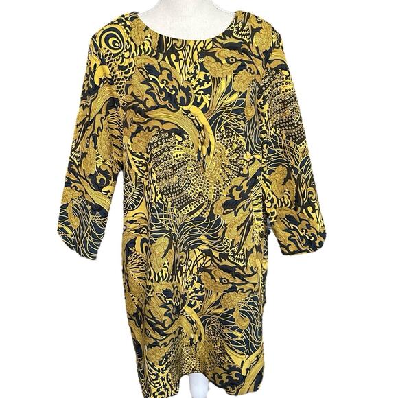 H&M Women’s 14 Shift Dress Blue Gold Abstract Print Bold Retro Chic Mod NWT - Picture 1 of 9